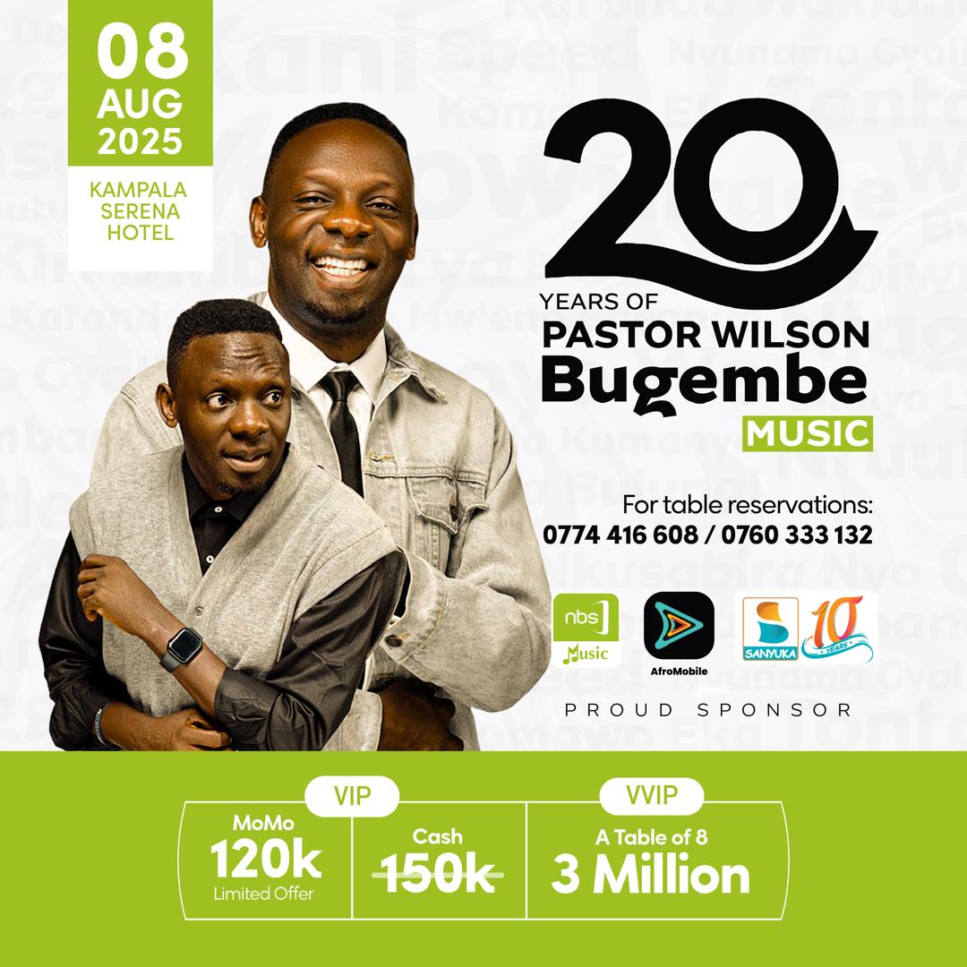 NBSMusic_Ug's tweet image. Celebrate 20 years of Pastor @WilsonBugembe's music and ministry!
Happening on 8th August at Serena Hotel — don’t miss this unforgettable night.
📞 Reserve your table now: 0774416608 / 0760333132
#20YearsOfPWilsonBugembe #NBSMusicUg