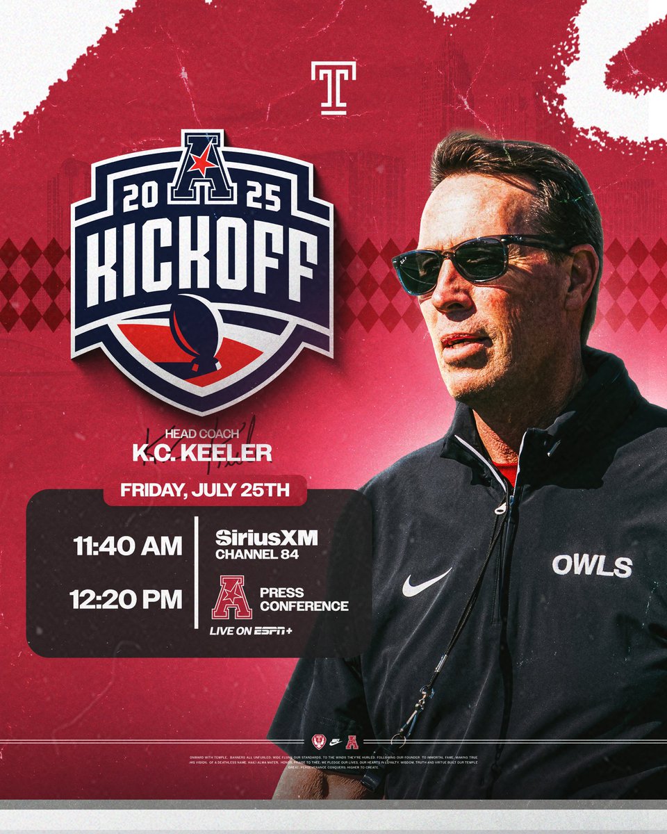Temple_FB's tweet image. Tune in today to listen to @CoachKCKeeler & our guys talk Temple Football!
πΊ: ESPN+
π‘: Sirius XM - Channel 84
#TempleTUFF | @American_Conf