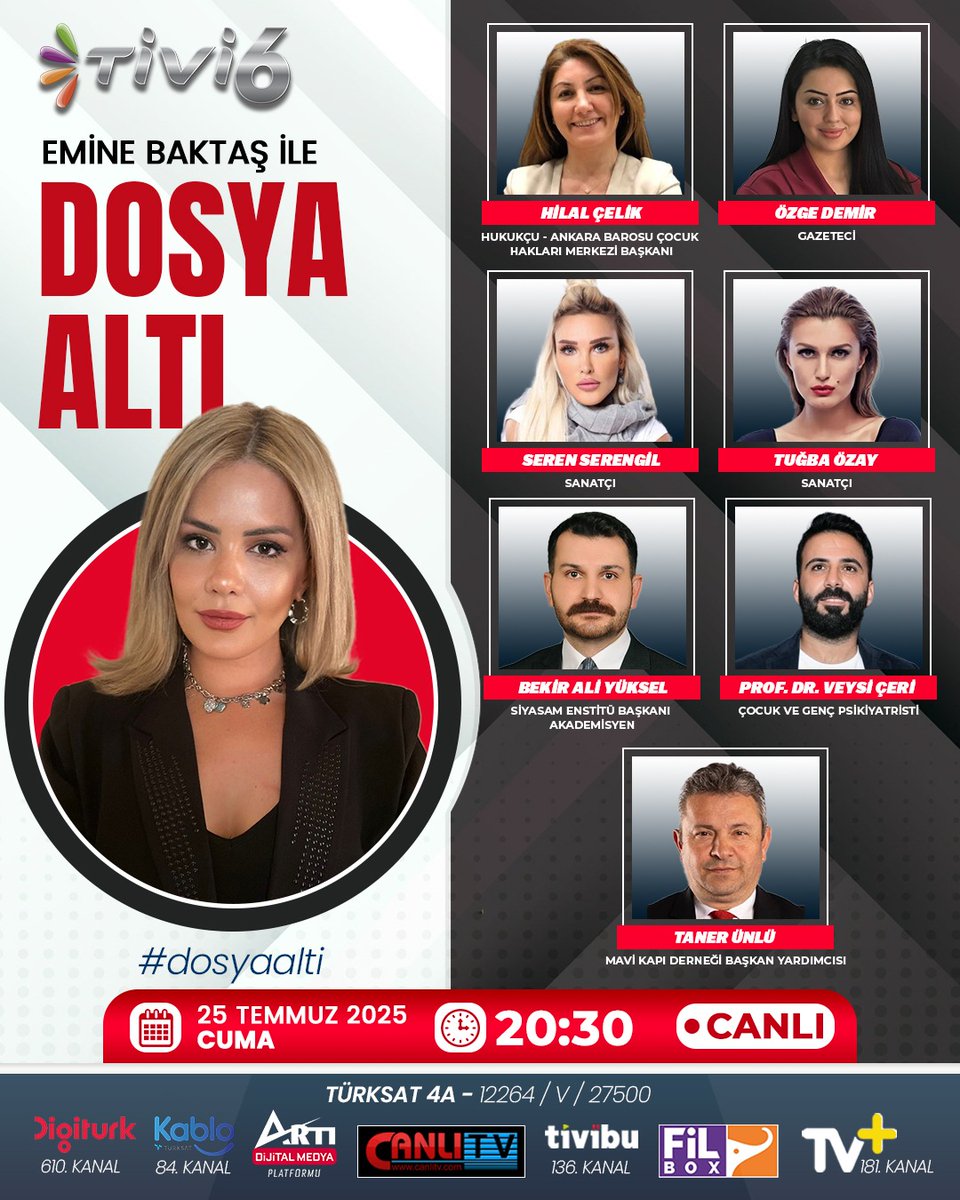 Tivi6 (@tivi6medya) on Twitter photo Bu akşam Dosya Altı'nda gündemin en çarpıcı dosyaları açılıyor!
Sunucu <a href="/eminebaktas1/">Emine Baktaş</a> soruyor, konuklar hiçbir şeyi saklamadan yanıtlıyor!
- Minguzzi davası: Derinleşen sırlar, adaletin rotası...
- Suça sürüklenen çocuklar: Türkiye bu tabloyu konuşuyor!
Hukuk, medya, sanat, Bu akşam Dosya Altı'nda gündemin en çarpıcı dosyaları açılıyor!
Sunucu <a href="/eminebaktas1/">Emine Baktaş</a> soruyor, konuklar hiçbir şeyi saklamadan yanıtlıyor!
- Minguzzi davası: Derinleşen sırlar, adaletin rotası...
- Suça sürüklenen çocuklar: Türkiye bu tabloyu konuşuyor!
Hukuk, medya, sanat,