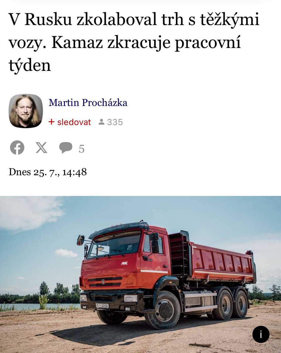 VyvleckovaM's tweet image. Sankce fungují. Největší ruský výrobce nákladních aut Kamaz kvůli propadu trhu zkracuje pracovní týden na čtyři dny. Poptávka po těžkých vozech se meziročně zhroutila o 60 %.
Po realitním trhu, letecké dopravě se hroutí automobilový trh. A komentář Šichtařové kupodivu nikde 😂😂