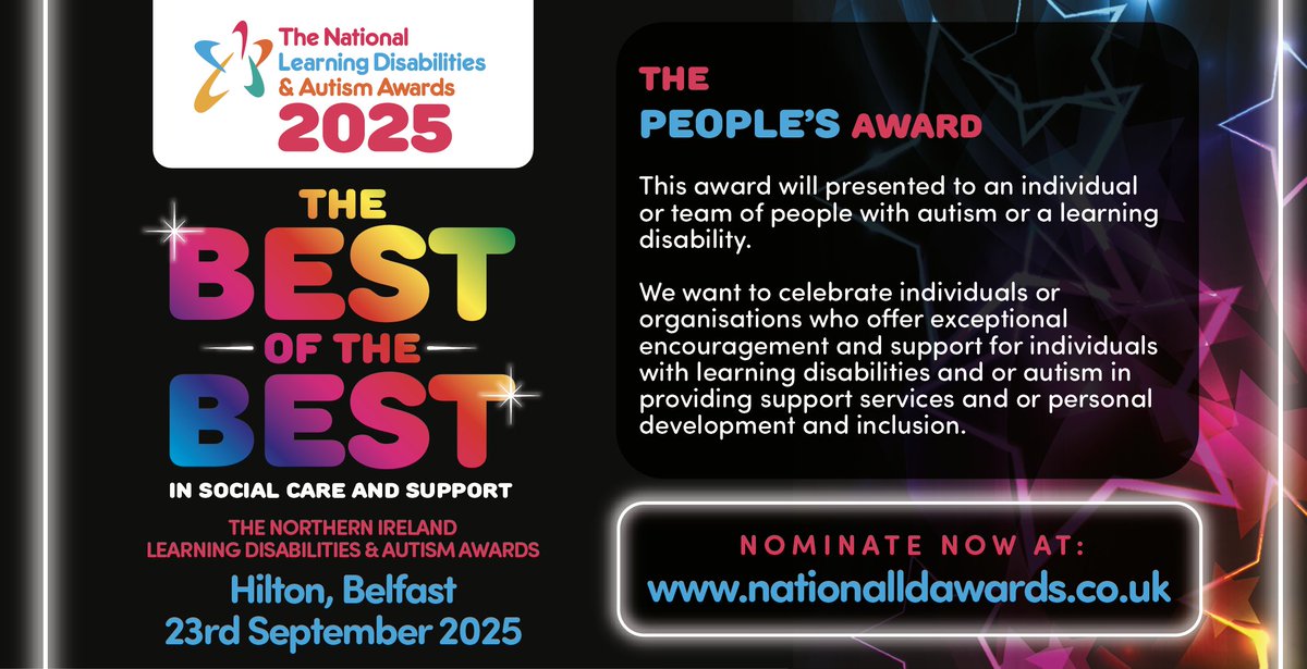 🌟 The Learning Disabilities &amp; Autism Awards – Northern Ireland 🌟

Nominate now 👉 bit.ly/4mcgUc8
🗓️ Nominations close 15th August – don’t miss out!

#LDAwardsNI #SocialCare