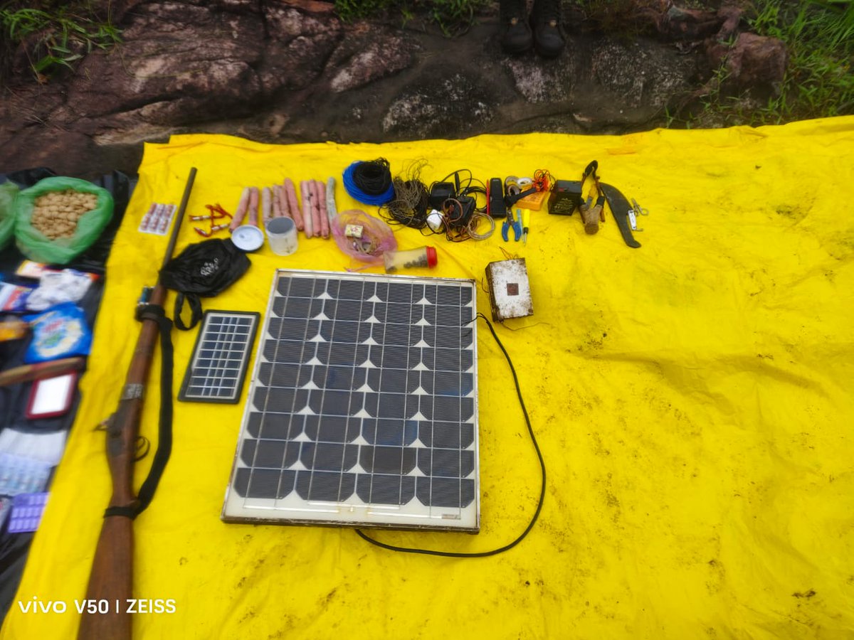 SP Nuapada launched a joint anti-Maoist Ops with DVF and D/19 CRPF in Katphar-Chhatapani area under Boden PS limits and busted a naxal camp. Recovered Country made gun,Gelatine sticks,Electric detonators,Solar plates,ration,contraceptive medicines &amp; other incriminating articles.