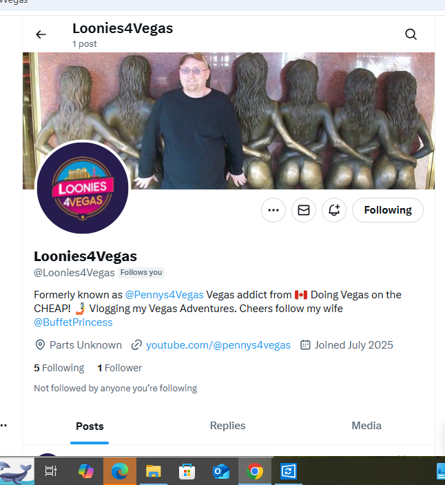 Friends, (especially Vegas friends) Mark's @pennys4vegas account has been hacked. For the time being (if he can't recover it), @Loonies4Vegas is his new account. Please follow him there!