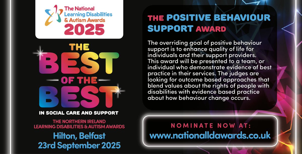 🌟 The Learning Disabilities &amp; Autism Awards – Northern Ireland 🌟

Nominate now 👉 bit.ly/4mcgUc8
🗓️ Nominations close 15th August – don’t miss out!

#LDAwardsNI #SocialCare
