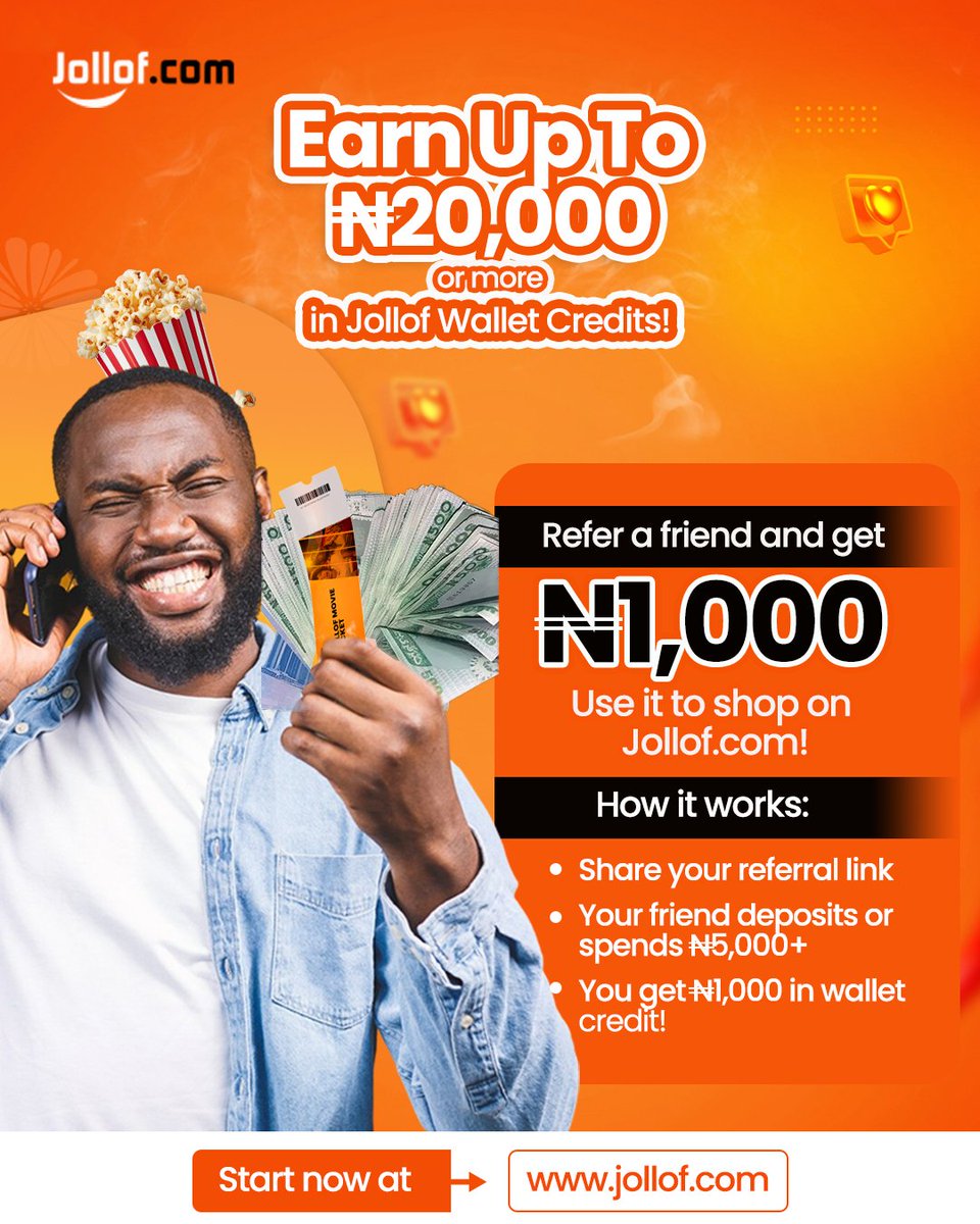 Jollofapp's tweet photo. Earn ₦1k for every referral on https://t.co/iLxKegs6Se! 

5 referrals = FREE exclusive movies 🎬🔥

✅ Share link
💳 Friend spends ₦5k+
💰 You earn wallet credit

New? Sign up via link in bio
Need help? Call 07048258922

#JollofLife #ReferAndEarn #NaijaDeals https://t.co/lKeP5F8nLE