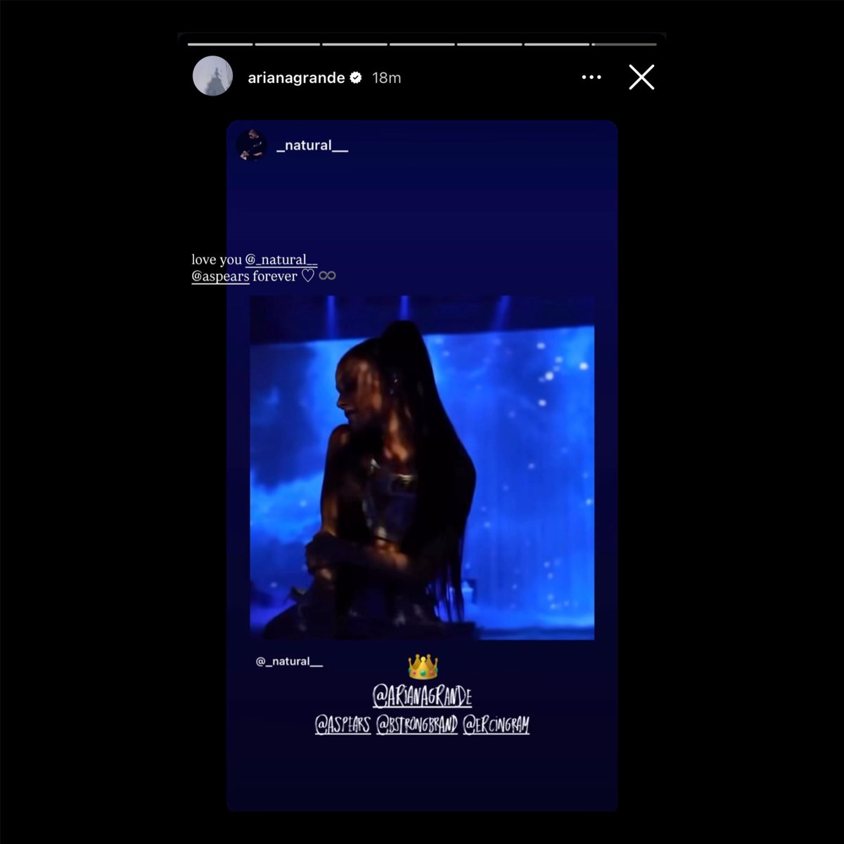 AriGrandeStats's tweet image. Ariana reposted an Instagram story singing ‘Moonlight’ back in 2017 at the Dangerous Woman Tour. It is the first time she acknowledges this tour in a long time 🥹👀