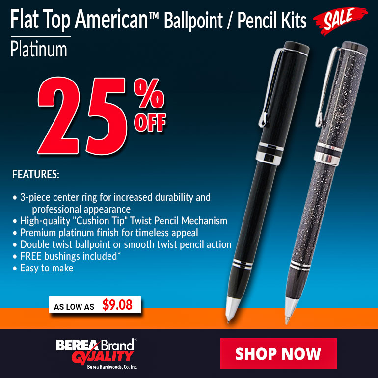 BereaHardWoods's tweet image. ✨ Save 25% on Flat Top American™ Platinum Pen &amp;amp; Pencil kits — plus get FREE bushings!
Discount auto-applies. Ends Mon, July 28 at 11 am EDT.
Shop now → bereahardwoods.com/pen-kit/suppli…
#BereaHardwoods #PenMaking - mailchi.mp/bereahardwoods…