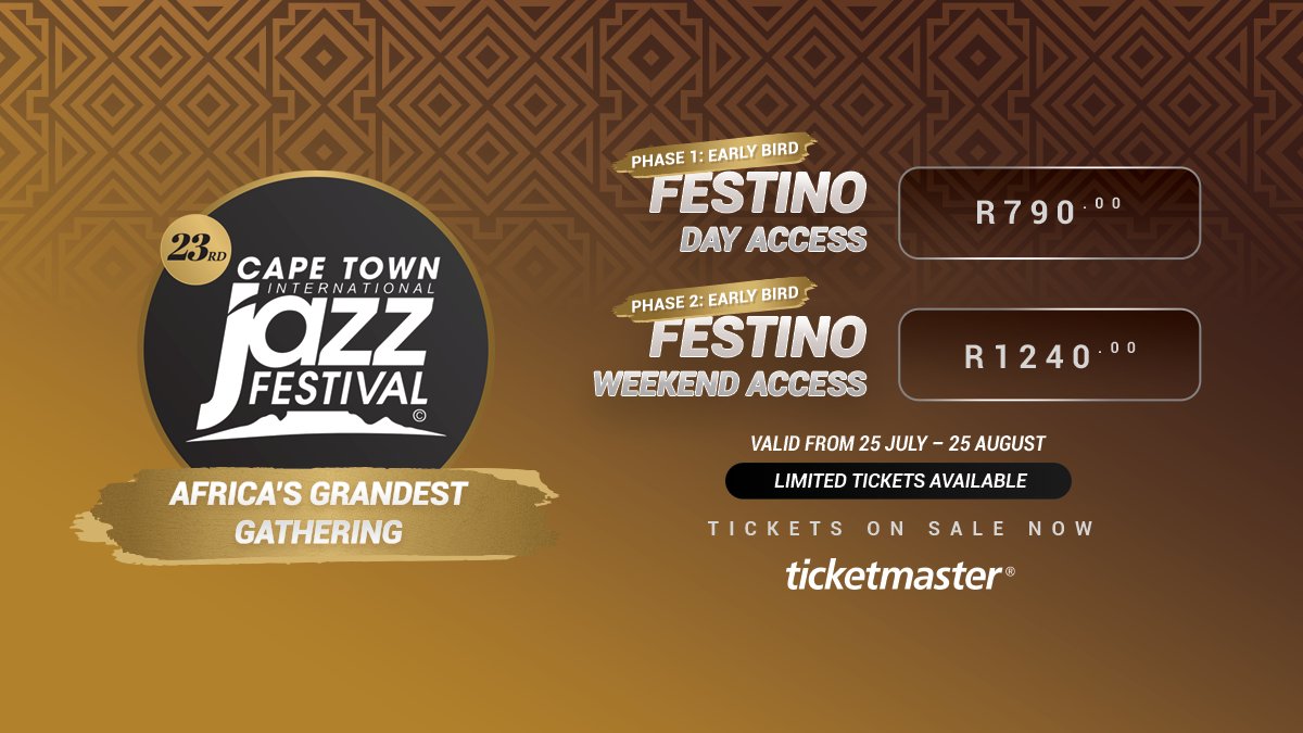 ON SALE 📣

Honour the legacy, celebrate the future, and experience the jazz.

On 27th and 28th March, the Cape Town International Convention Centre (CTICC) will come alive with the sights and sounds of the Cape Town International Jazz Festival. 

Experience a bold new vibe that