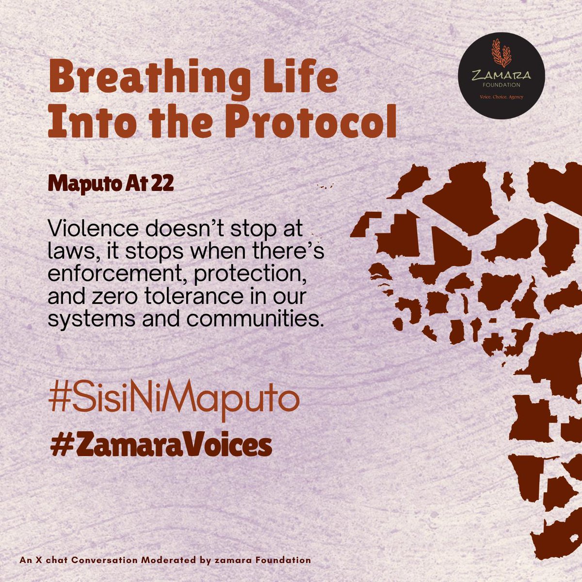 Violence has to end. For #MaputoAt22, we're talking about more than laws ,we need fierce enforcement, unwavering protection, and a community commitment to zero tolerance. Let's make safety a lived reality for everyone. #SisiNiMaputo #ZamaraVoices <a href="/Zamara_fdn/">Zamara Foundation</a>