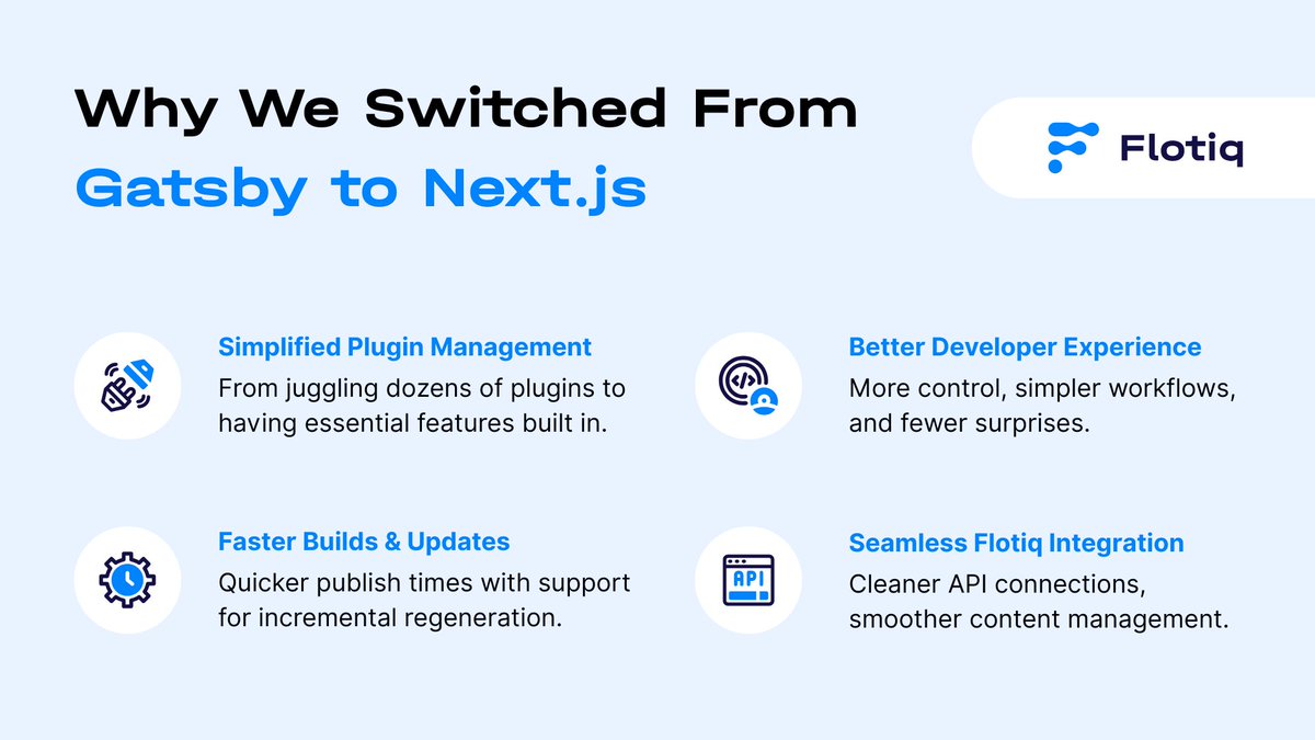 #TechInsights:  We migrated our blog from #Gatsby to #Nextjs 💡 
And here’s why it was worth it: faster builds, cleaner code, better DX.
Thinking about switching, too? Don’t miss our checklist &amp; lessons learned 👉flotiq.com/blog/from-gats…

#Flotiq #HeadlessCMS #webdev