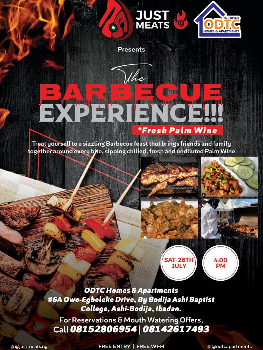 passwordtv__'s tweet image. BBQ lovers, assemble!
Every Saturday from 4PM, it's a full-on meat fest at Just Meats @odtc_apartments — from burgers to ram, rabbit to hot dogs!
🍷 Palm wine dey
🎶 Vibes steady
💥 From ₦5K only
📍Ashi-Bodija, Ibadan
Kindly Retweet.
#IbadanBBQ #JustMeats