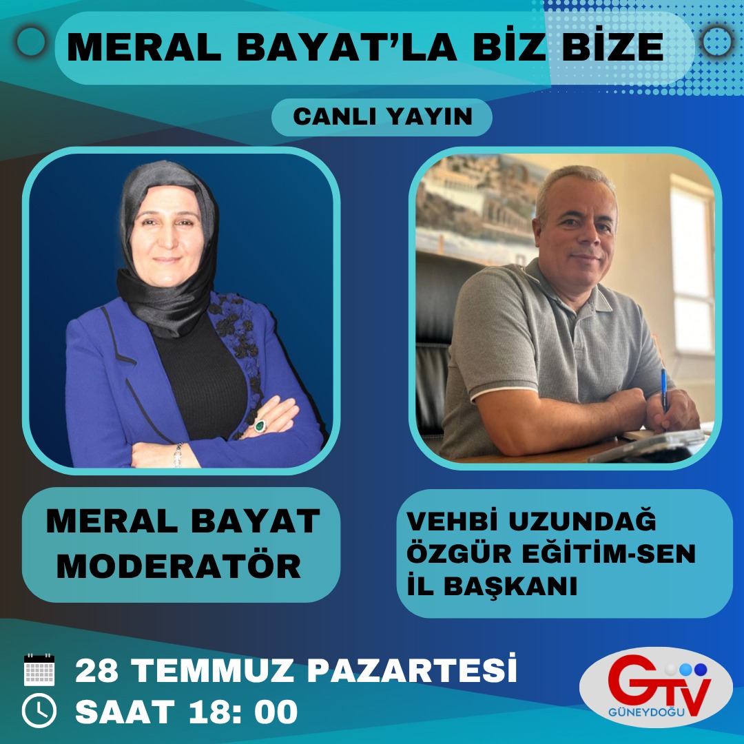 Bu haftaki konuğum Özgür Eğitim-Sen İl Başkanı Sayın Vehbi Uzundağ. Eğitim ve öğretime dair dolu dolu bir program ile sizlerle birlikte olacağız.O saatte müsait olan siz değerli izleyicilerimizi ekranları başına bekliyoruz
<a href="/Guneydogu_TV/">📺Güneydoğu TV📺</a> 
<a href="/vehbiuzundag/">VEHBİ UZUNDAĞ</a>