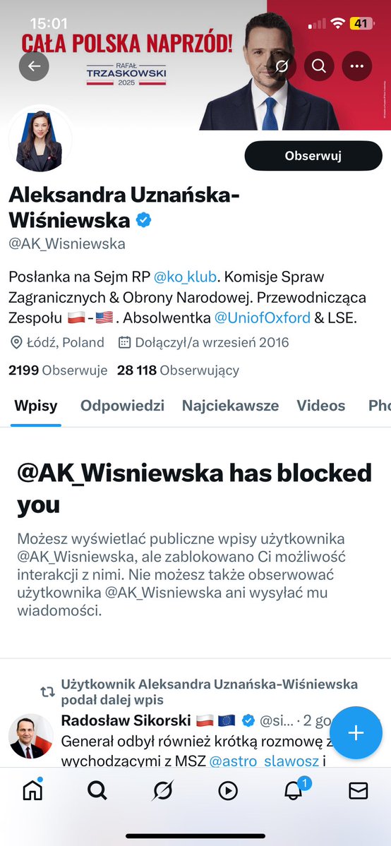 mmigalski's tweet image. Pani posłanka jest pierwszym od lat politykiem, który mnie zablokował na X. 

Na szczęście jest we wszystkich innych mediach, opowiadając o misji swego męża, więc nadal będę mógł się cieszyć słuchając jej zwierzeń. Zatem nie zamartwiam się ponad miarę. 

Per aspera ad astra👌