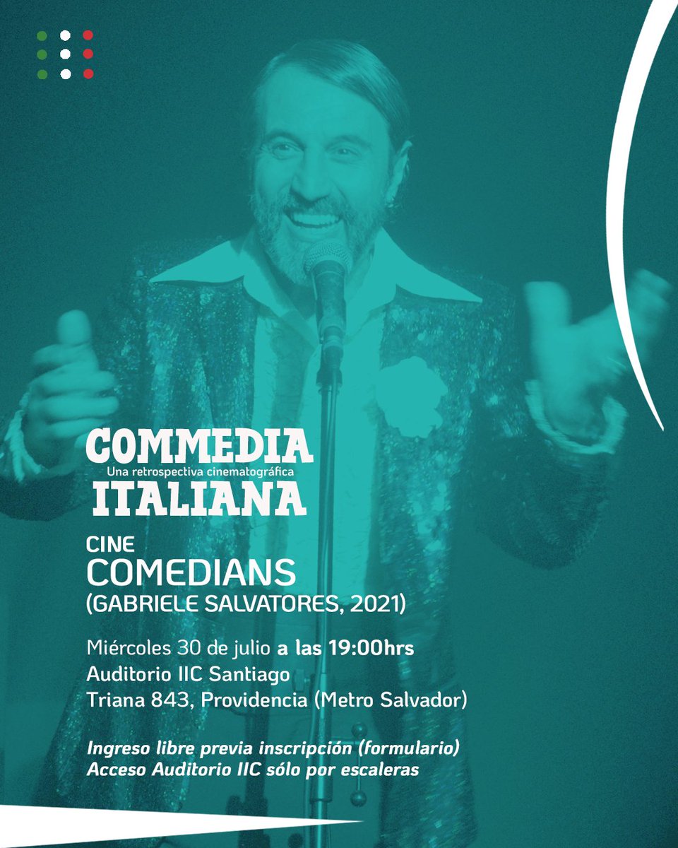 COMMEDIA ITALIANA. UNA RETROSPETTIVA CINEMATOGRAFICA
"COMEDIANS"
30/07 – 19:00
Auditorium IIC Santiago
Triana 843, Providencia (Metro Salvador)
✅Ingreso liberado, inscripción obligatoria
docs.google.com/forms/d/1vbQz0…