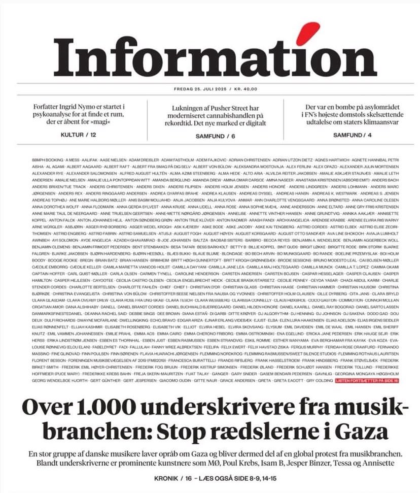 RajeshHolmen's tweet image. Tak til de over 1.000 underskrivere fra musikbranchen, der i dag - på forsiden af Information og med en kronik samme avis - stiller sig bag kravene fra over 200 forfattere og 600 filmfolk om at stoppe rædslerne i #Gaza.

Danmark skal: 
👉🏾 Anerkende #Palæstina som stat.
👉🏾 Stoppe…