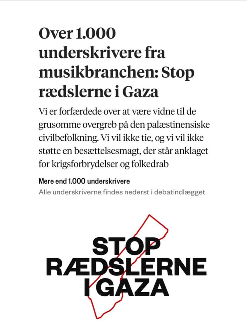 RajeshHolmen's tweet image. Tak til de over 1.000 underskrivere fra musikbranchen, der i dag - på forsiden af Information og med en kronik samme avis - stiller sig bag kravene fra over 200 forfattere og 600 filmfolk om at stoppe rædslerne i #Gaza.

Danmark skal: 
👉🏾 Anerkende #Palæstina som stat.
👉🏾 Stoppe…