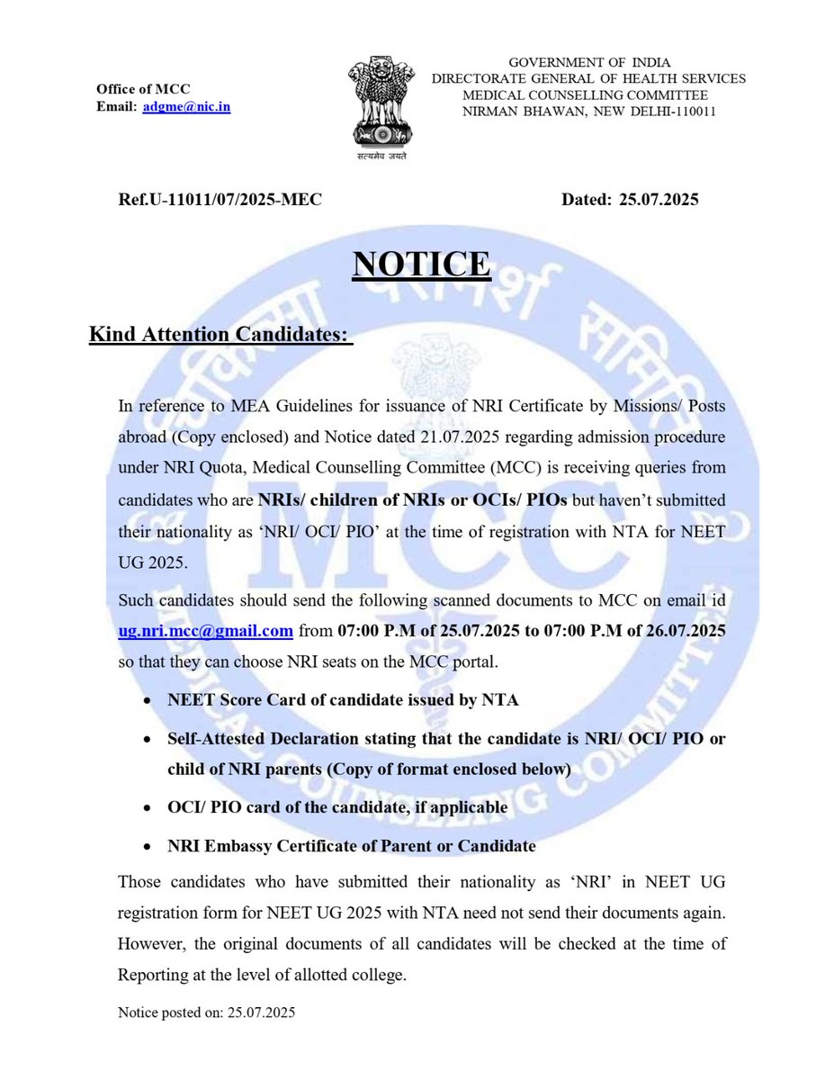 MRK_POLLACHI's tweet image. #NEETUG2025 #MCC
Notice for #NRI Candidates dated 25.07.2025
