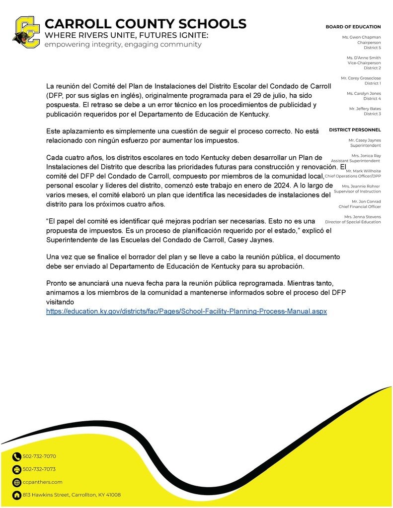 Panther families, please see this statement regarding the District Facilities Plan committee meeting that has been postponed.