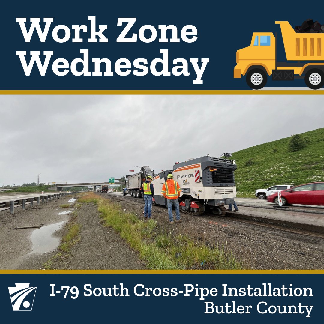 It’s #WorkZoneWednesday!

Today’s featured work zone is the I-79 South cross-pipe installation project in Cranberry Twp, Butler Co.

When you encounter this or other active work zones across PA, please slow down &amp; pay attention.

Learn more: penndot.pa.gov/workzonesafety.

#BeSafePA