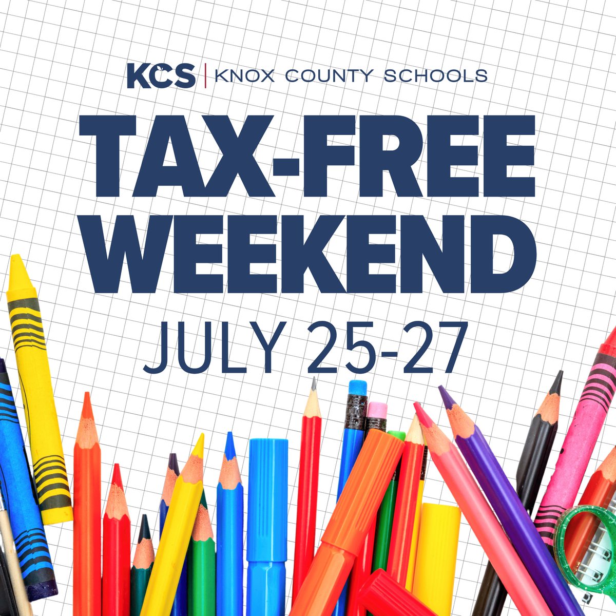 Heads up, KCS families: Tennessee’s Tax-Free Weekend runs July 25–27! School supplies and clothing will be exempt from sales tax. 📚 

Check your school’s website for the supply list, and find more info at ➡️ bit.ly/3TTe9k3