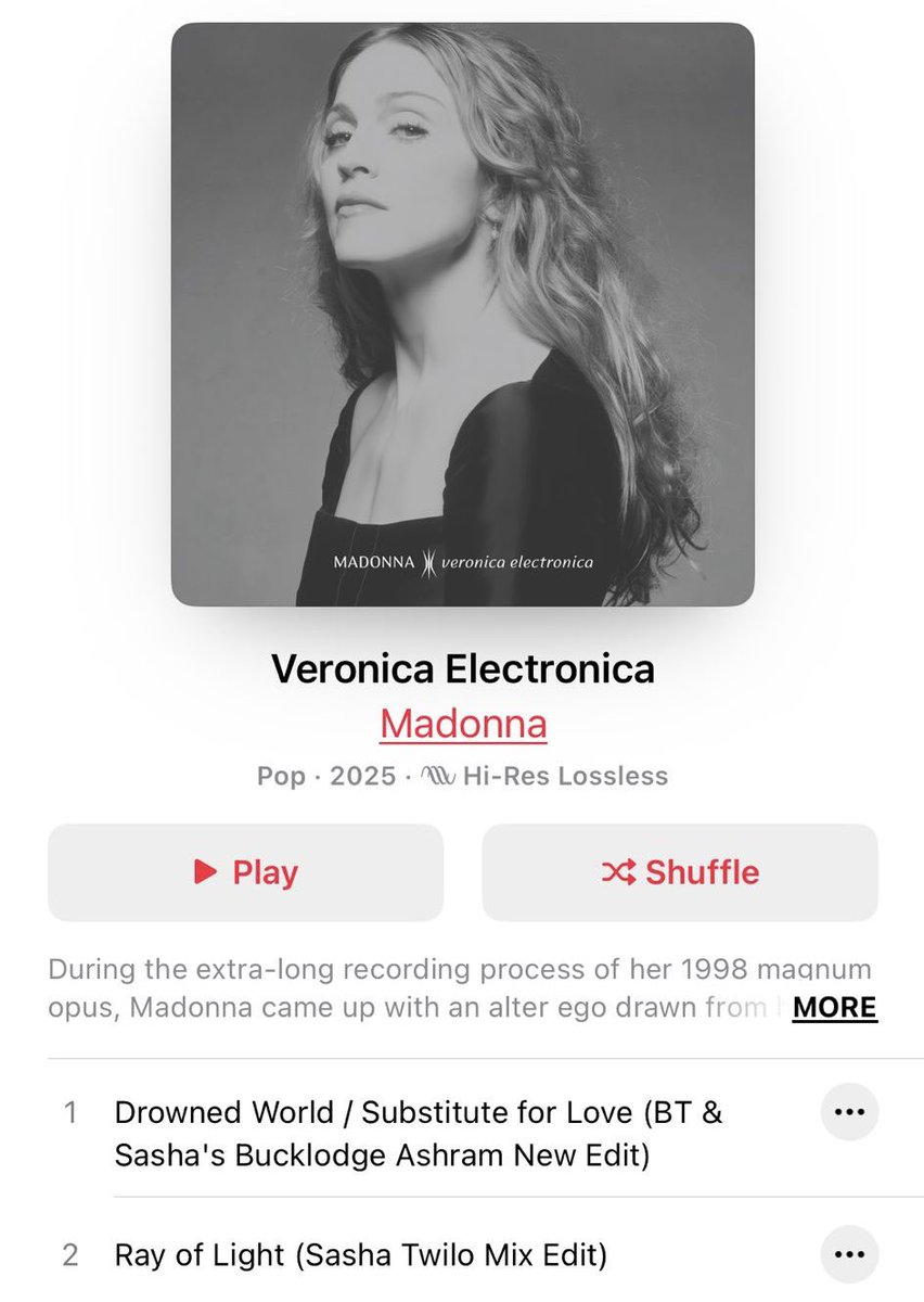Buzzing to be part of this amazing compilation of <a href="/Madonna/">Madonna</a> rarities in ‘Veronica Electronica’. 

I remember getting the call to remix her—working on ‘Ray of Light’ in the same LA studio where ‘Nevermind’ by Nirvana was mixed was surreal. 

Listen here: m.lnk.to/MVE