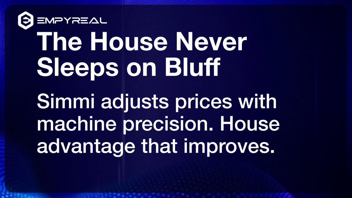 EmpyrealSDK's tweet image. Every bet you've ever placed had someone on the other side setting the odds. That someone just got infinitely smarter with @Simmi_IO.
Simmi doesn't sleep, doesn't second-guess, and processes every trade to get smarter. The first and permanent market maker on @BetOnBluff_io 's…