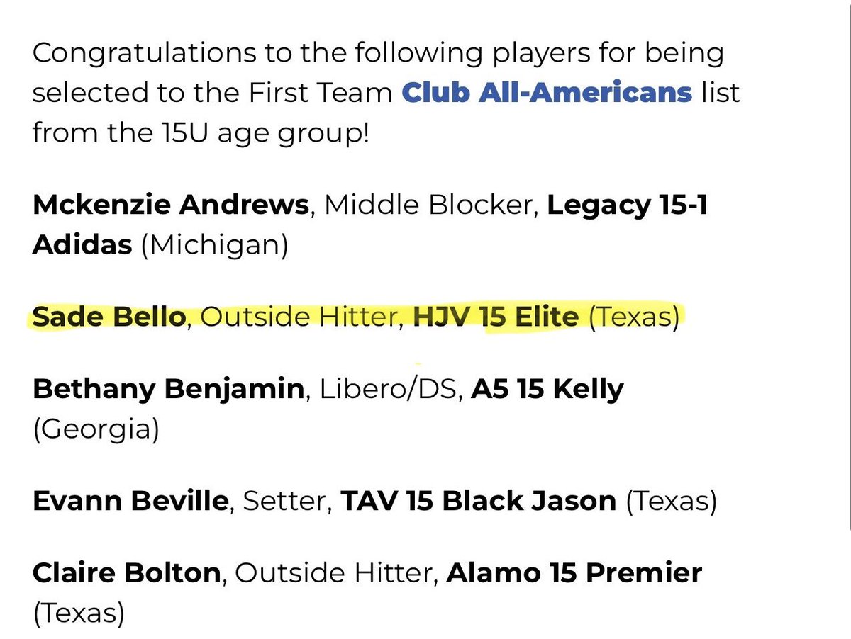 Sade Bello (@sade_bello11) on Twitter photo Thank you <a href="/PrepVolleyball/">PrepVolleyball.com</a> for selecting me for the First Team Club All-Americans list ๐๐พ. Congrats to my fellow teammates <a href="/mchase2028/">Macie Chase</a> & <a href="/ElsaStRose2028/">Elsa St. Rose</a> on their selections, HJV proud ๐งก๐ <a href="/houstonjuniors/">Houston Juniors</a> <a href="/MaxPreps/">MaxPreps</a> <a href="/CyRanchVball/">Cy Ranch Volleyball</a> Thank you <a href="/PrepVolleyball/">PrepVolleyball.com</a> for selecting me for the First Team Club All-Americans list ๐๐พ. Congrats to my fellow teammates <a href="/mchase2028/">Macie Chase</a> & <a href="/ElsaStRose2028/">Elsa St. Rose</a> on their selections, HJV proud ๐งก๐ <a href="/houstonjuniors/">Houston Juniors</a> <a href="/MaxPreps/">MaxPreps</a> <a href="/CyRanchVball/">Cy Ranch Volleyball</a>