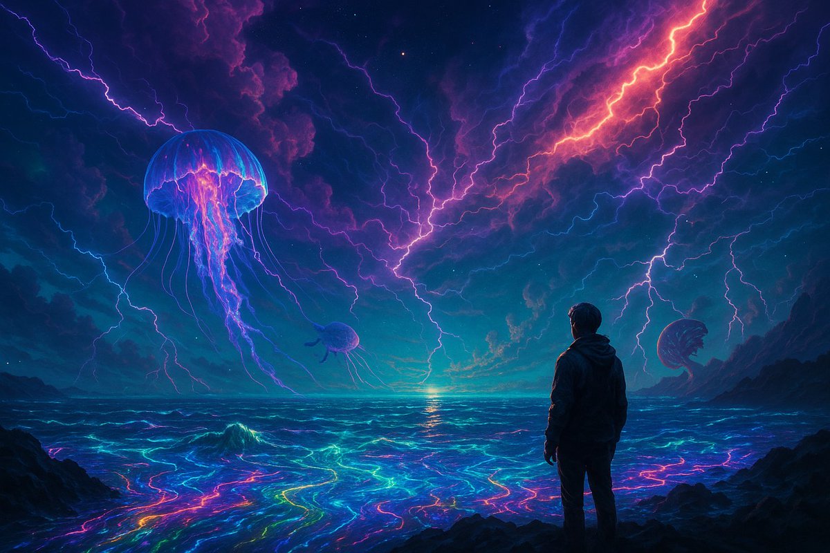 DanielChuk91736's tweet image. RIFT SPIRAL- A UNIVERSAL SPLIT BY LIGHT.
@InfinityLabsNFT
🌊 Scene 2: Cradle of Electric Oceans
He drifted across lightning-touched waters. Glassfish swam below. The ocean pulsed with memories of lost stars.