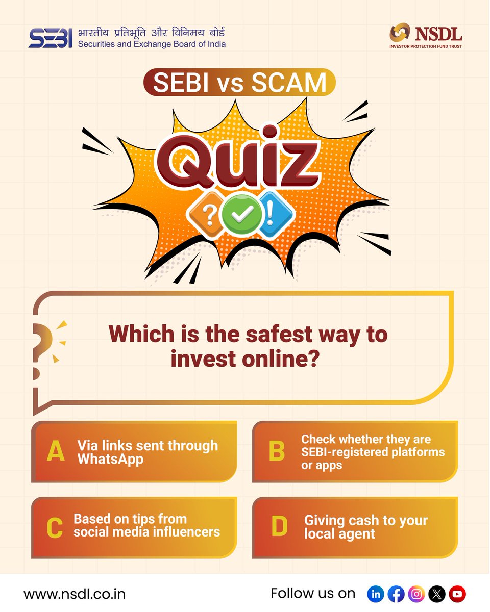 Join #SEBIvsSCAM Quiz Contest!

Win ₹10,000 Amazon Vouchers if you answer all the Five quizzes posted during 25th July – 31st July!!

Contest Dates: 25th July – 31st July 2025

Quiz Rules:

1.Mention the correct answers in the comment section along with #SEBIvsSCAM

2.Follow