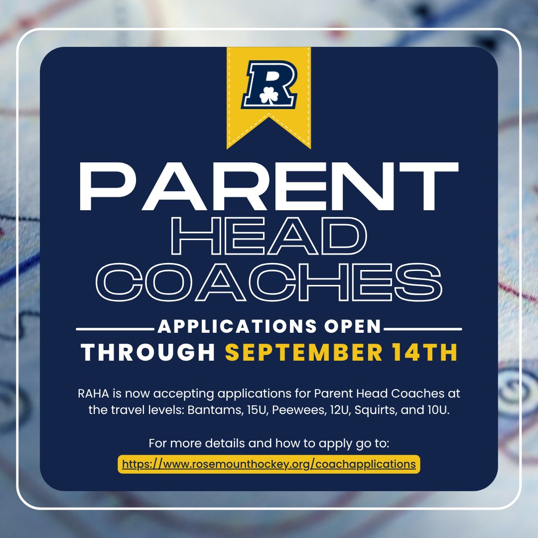 Calling All Coaches! RAHA is now accepting applications for Travel Level Parent Head Coaches. Applications are open until September 14. For all the details and application visit our coaching page: rosemounthockey.org/coachapplicati…
