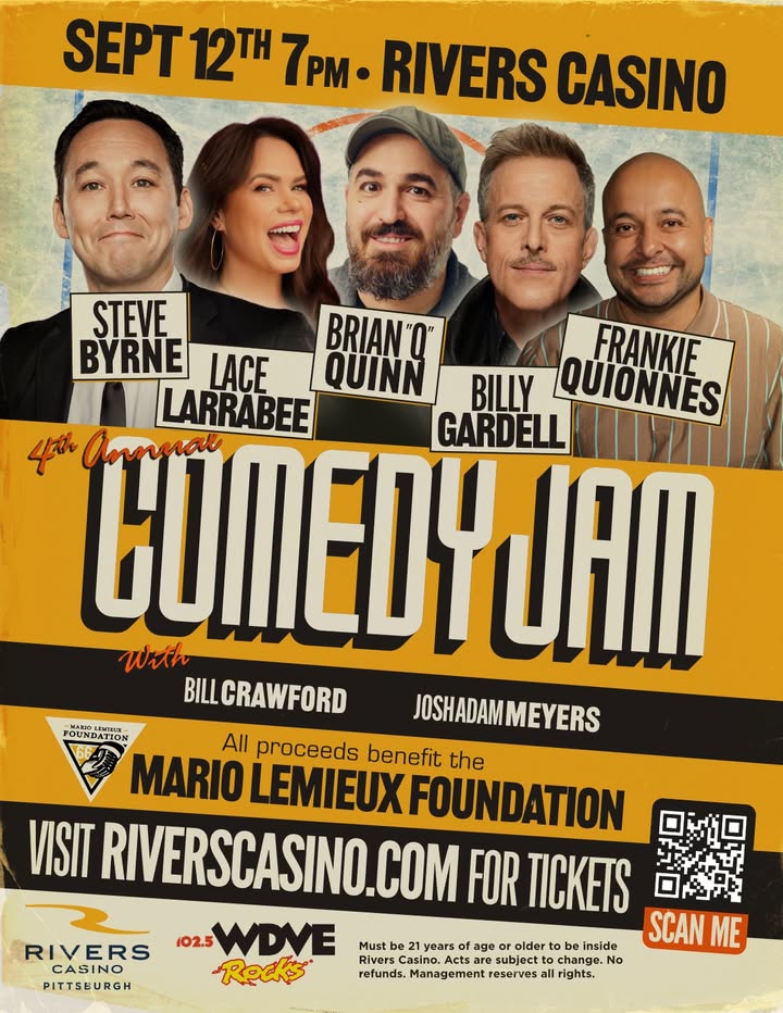 😂 Don't miss Steve Byrne, Lace Barrabee, Brian "Q" Quinn, Billy Gardell, and Frankie Quinones live in The Event Center on Sept. 12!  All proceeds benefit the Mario Lemieux Foundation. 🖤 💛

Get your tickets today ⬇️ 
bit.ly/4mCHIDy