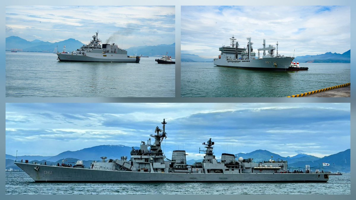 indiannavy's tweet image. Indian Naval Ships #INSDelhi, #INSShakti and #INSKiltan, under the Command of
RAdm Susheel Menon, #FOCEF, arrived at Tien Sa Port, Da Nang, #Vietnam, as part of the #IndianNavy’s Operational Deployment to South East Asia.
The ships received a warm welcome by personnel of Vietnam…