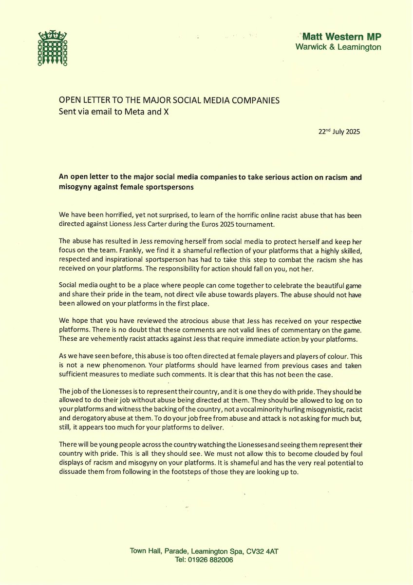 ChrisBloore's tweet image. 🦁 The Lionesses have made us proud reaching the Euro 2025 Final. As Redditch gets behind them this Sunday at 5pm, I’ve joined 90+ MPs demanding action on racist & misogynistic abuse. No more excuses from tech giants—our players deserve respect, safety & support ⚽️🏆