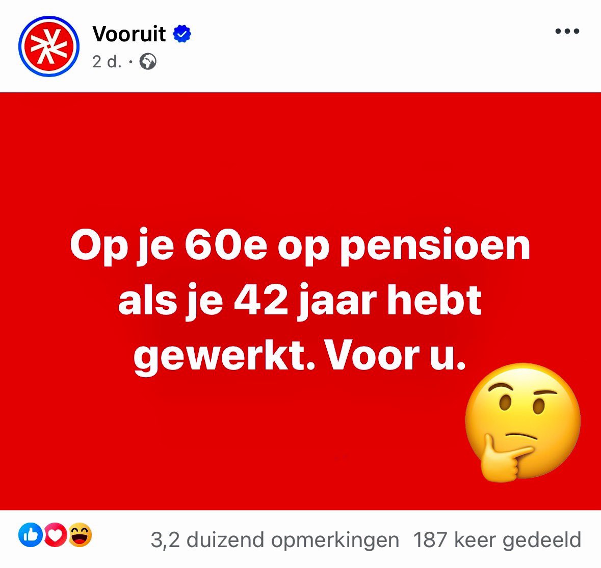 DeWitteKim's tweet image. Amai, wat een sloebers bij @vooruit_nu. “Op je 60e op pensioen als je 42 jaar gewerkt hebt”, zetten ze in het groot op hun FB-pagina. “Voor u.”
Voor wie? Ze ‘vergeten’ te vermelden dat je élk jaar minstens 234 effectief gewerkte dagen moet hebben, 42 jaar lang.
En quasi NIETS…