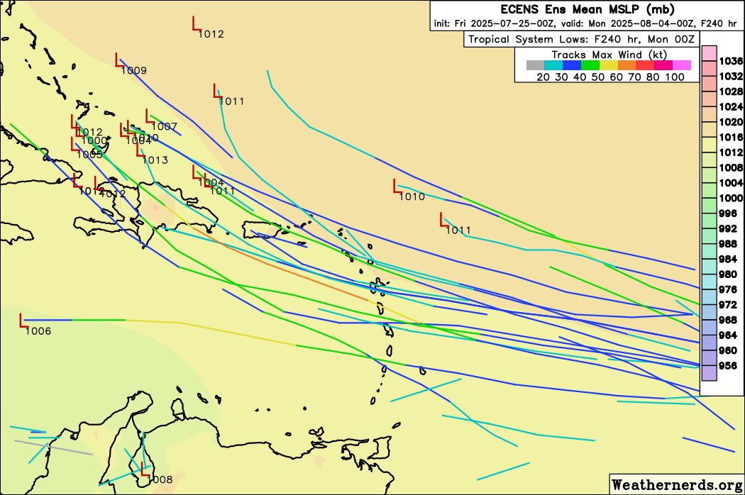 Los conjuntos ECMWF 00Z siguen insinuando una posible formación ciclónica a mediados de esta semana y acercando a un sistema hacia el Caribe Oriental o muy cerca desde el 1ro de agosto.
#TemporadaCiclónica2025