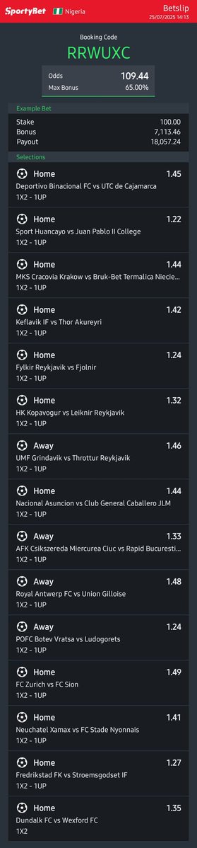 Favourites 1-UP Accumulators 🔥

Let's Play Again 🍻 

📌 1️⃣0️⃣0️⃣+  Odds 

Bookie 👉 SportyBet 

Code  👉  RRWUXC 

Telegram 👇

t.me/+KWr6AJDliBw1Y…

RT ✅️