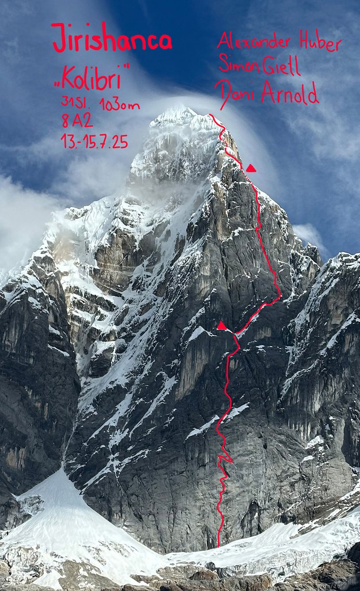 Gietl, Huber and Arnold open a new route on the east face of Jirishanca in Peru

Alexander Huber, Simon Gietl and Dani Arnold completed a first ascent on the east face of Jirishanca in Peru, said to be one of the Andes' most striking and steepest walls.  climber.co.uk/news/gietl-hub…