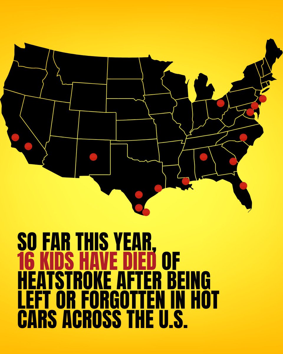 Late July is bringing dangerous heat and humidity for much of the U.S.🔥🌡️ Parents — it's critical to prevent more children from dying in hot cars.

It's NEVER safe to leave a child alone in a vehicle:
🟡 Not if you're parked in the shade
🟡 Not if the windows are down
🟡 Not if