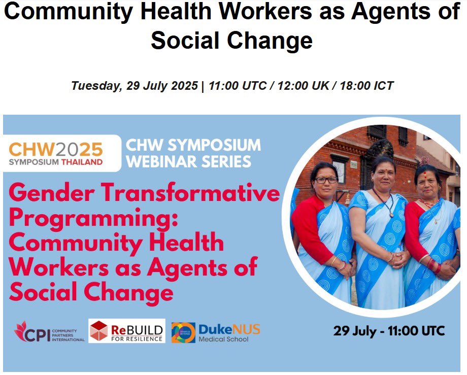 w4_gf's tweet image. 🗣️ On 29 July, join a powerful webinar on:

🎙️ Gender Transformative Programming: CHWs as Agents of Social Change

Women CHWs do essential work—yet remain undervalued. It’s time for visibility, voice &amp;amp; investment.

🕚 Tuesday, 29 July 2025 | 11:00 UTC / 12:00 UK / 18:00 ICT…