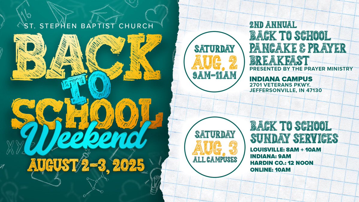 ssclive's tweet image. 🎒 Back-to-School Weekend at St. Stephen!
📅 Sat, Aug 2 – Pancake & Prayer Breakfast (IN Campus, 9–11AM)
📅 Sun, Aug 3 – Back-to-School Sunday on all campuses
#ssclive#SSCBackToSchool #ssclive #BackToSchoolWeekend @KWCosby