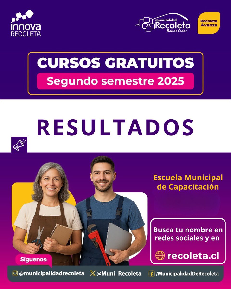 🎓 ¡RESULTADOS LISTOS!
Revisa en el link 👇🏻👇🏻
drive.google.com/file/d/1pcfHDS…

 ⚠️IMPORTANTE: El curso de Manicure Avanzado tendrá un proceso especial. Las 13 personas preseleccionadas serán contactadas directamente.
Consultas:
📩cursos@innovarecoleta.cl