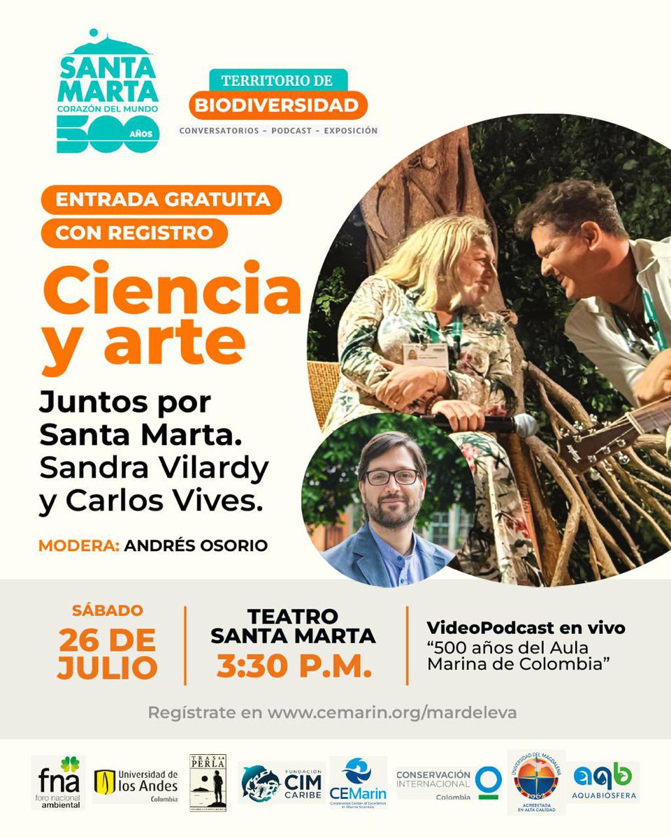 svilardyq's tweet image. Y en medio del Mar de leva de ideas que tendremos el sábado en Santa Marta, conversaremos con Carlos Vives, sobre cómo la música y la ciencia se pueden encontrar, cómo el agua las hace confluir. Estan super invitados, las inscripciones aquí cemarin.org/mardeleva