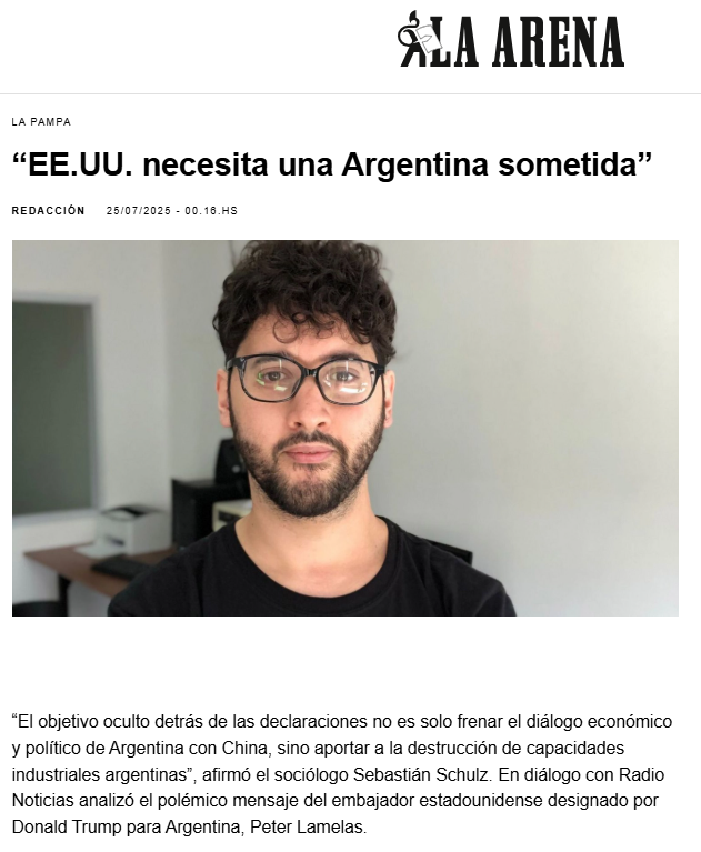 ✍🏼 Conversamos con Diario #LaArena de La Pampa sobre las declaraciones injerencistas de Peter #Lamelas, acusando a #China de promover la corrupción en las provincias argentinas mediante inversiones.  🧵