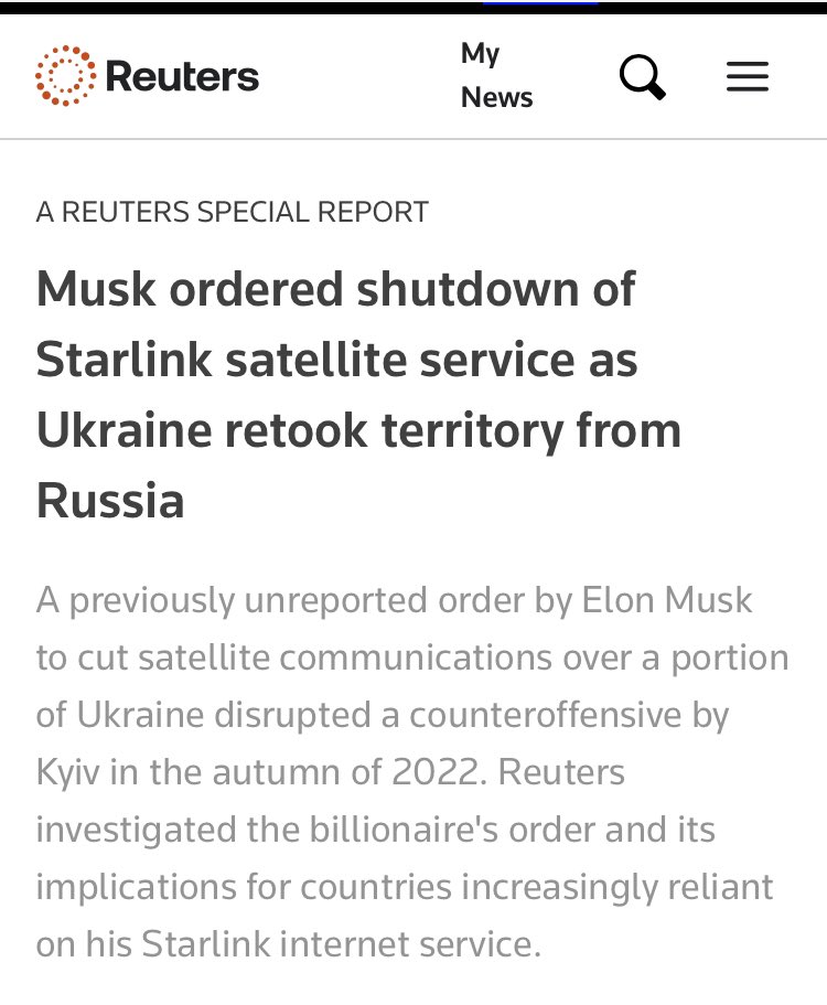 No surprise, but good to see it confirmed. 

Elon Musk truly hates Ukraine and loves russia.

Don’t forgive him!