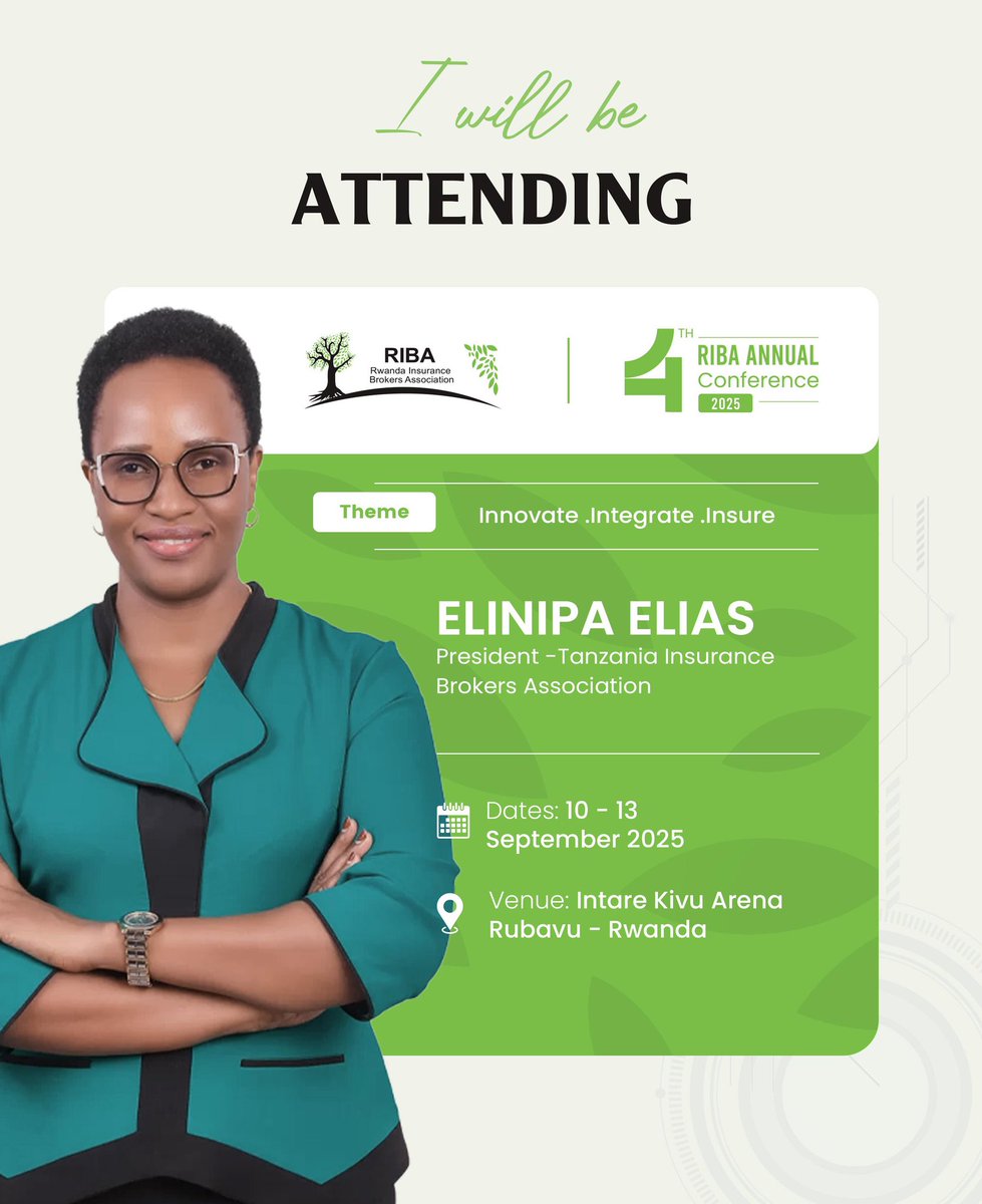 Ribo_Rwanda's tweet photo. “I will be attending!”
We’re honored to host, President of the Tanzania Insurance Brokers Association, at the 4th RIBA Annual Conference 2025.
A powerful voice in driving innovation and inclusion in our industry.

Register now: https://t.co/4gJ8i3x0D3

#RIBAConference2025 https://t.co/a86HzbtdzX