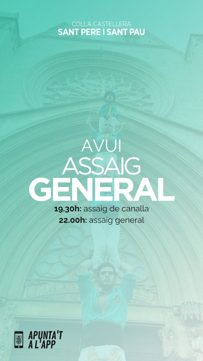 🫵Colla! Avui TOTHOM al pati d’assaig!

    - 19.30h: Assaig de canalla
    - 22.00h: Assaig general

💪 Anem a donar-ho tot al pati d’assaig!

📲 Confirmeu a l’app!

Gaaas!!🔥💚

#castells #castellers #castelleres