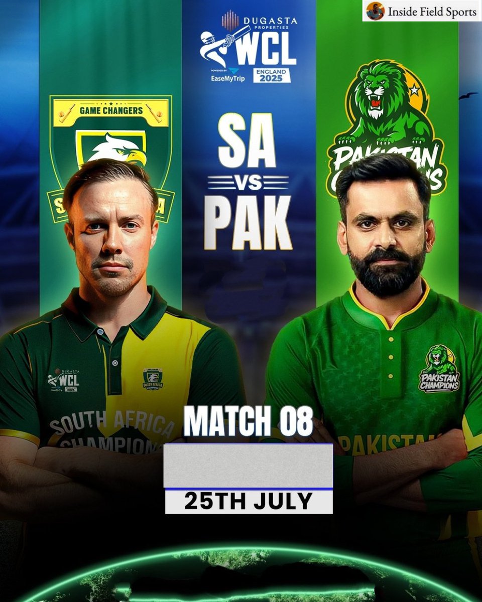 IFSPORT_'s tweet image. The battle of legends is here! 🏏
AB de Villiers vs Mohammad Hafeez – South Africa Champions vs Pakistan Champions!
Who will take the glory on 25th July?
#SAvsPAK #WCL2025 #ABDeVilliers #MohammadHafeez #CricketLegends #SouthAfricaChampions #PakistanChampions #InsideFieldSports