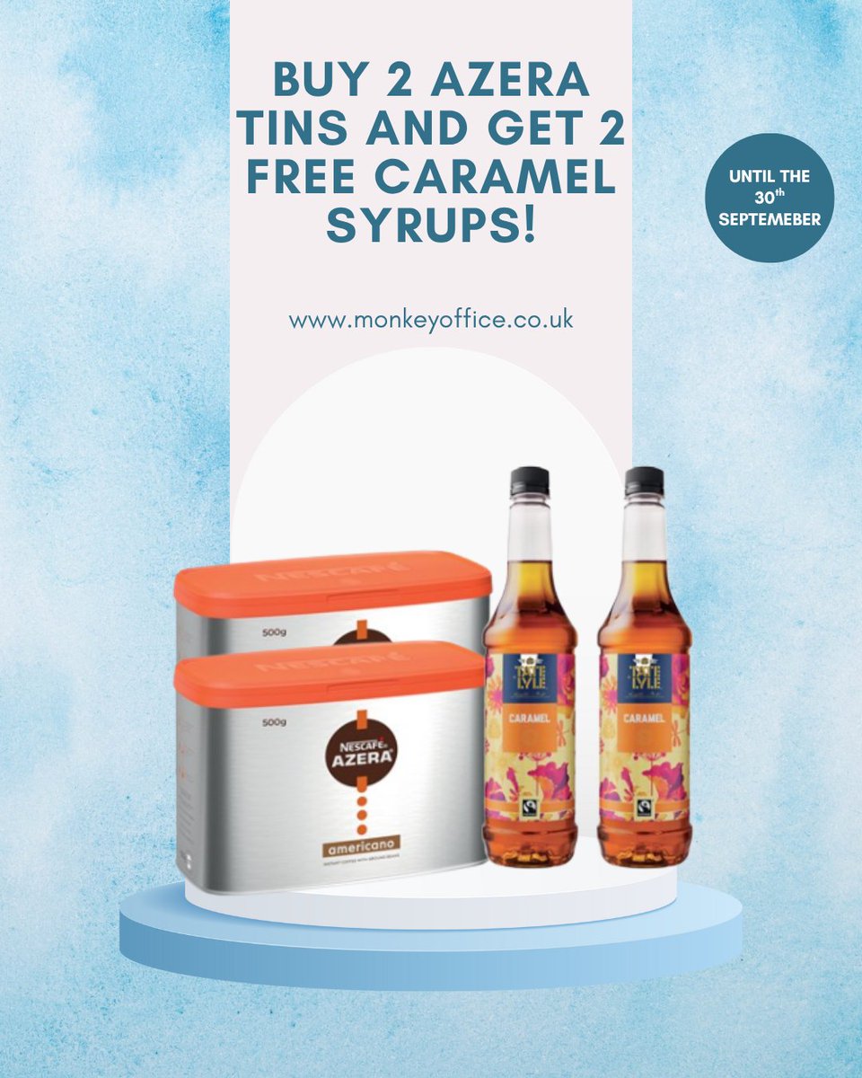 Superb Barista-style coffee which is rich, dark and deliciously tempting. 
This promotion includes two 500g tins of coffee, plus two FREE 550ml bottles of Tate + Lyle Caramel Syrup. 
Shop below:
monkeyoffice.co.uk/catering/drink…
