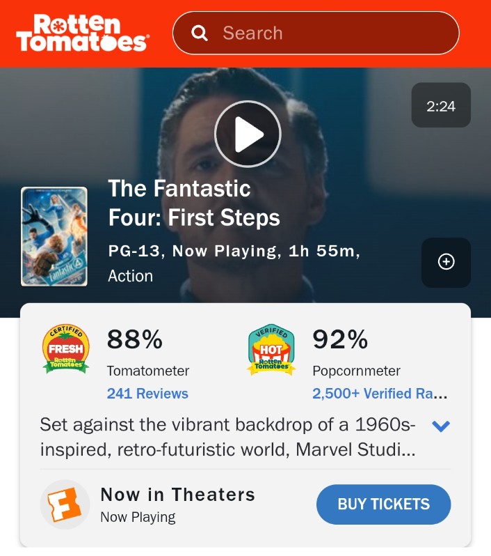 cinefied_'s tweet image. 'The Fantastic Four: First Steps' is now certified fresh on Rotten Tomatoes, scoring 88% with critics and 93% with audiences.
Read our review - boxd.it/at4iDT
