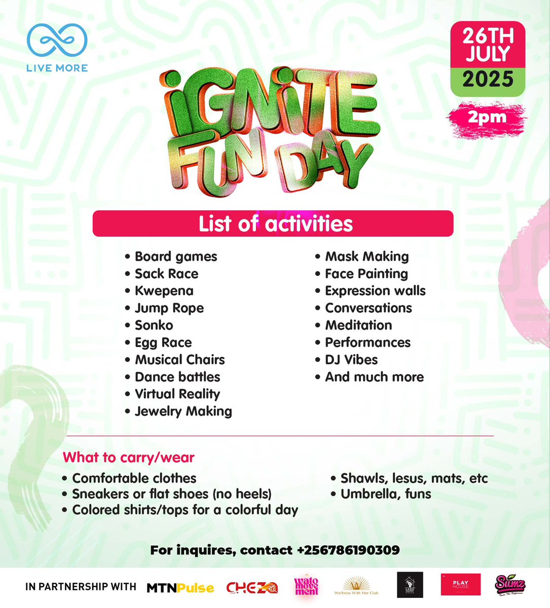 LIVEMORE_UG's tweet photo. Weโve got games that take you back, VR that takes you forward, art that lets you express, and music that keeps you moving. Rock comfortable, colorful outfits + sneakers and carry a shawl/umbrella.
26th July, 2PM See you tomorrow at Centenary Turf!
#IgniteFunDay #LiveMoreUG https://t.co/JOxOJX8Ge1